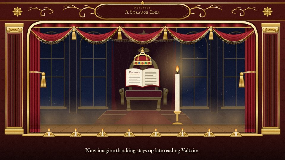 Animated scene from The Enlightened Despots: a throne, a book by Voltaire, and a candle
