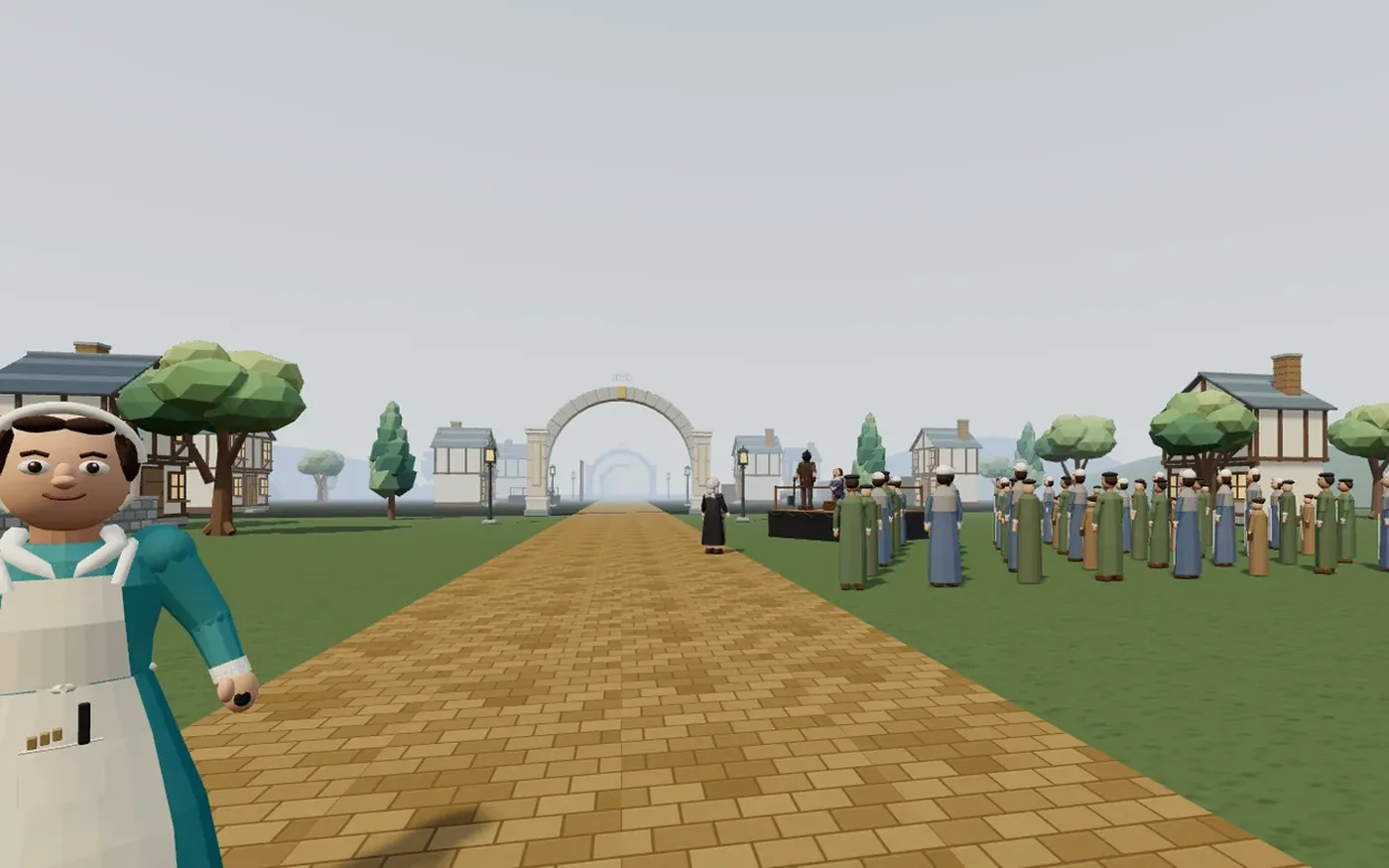 Road to Revolution: a 3D town square with a crowd and a stone arch at the end of a brick road